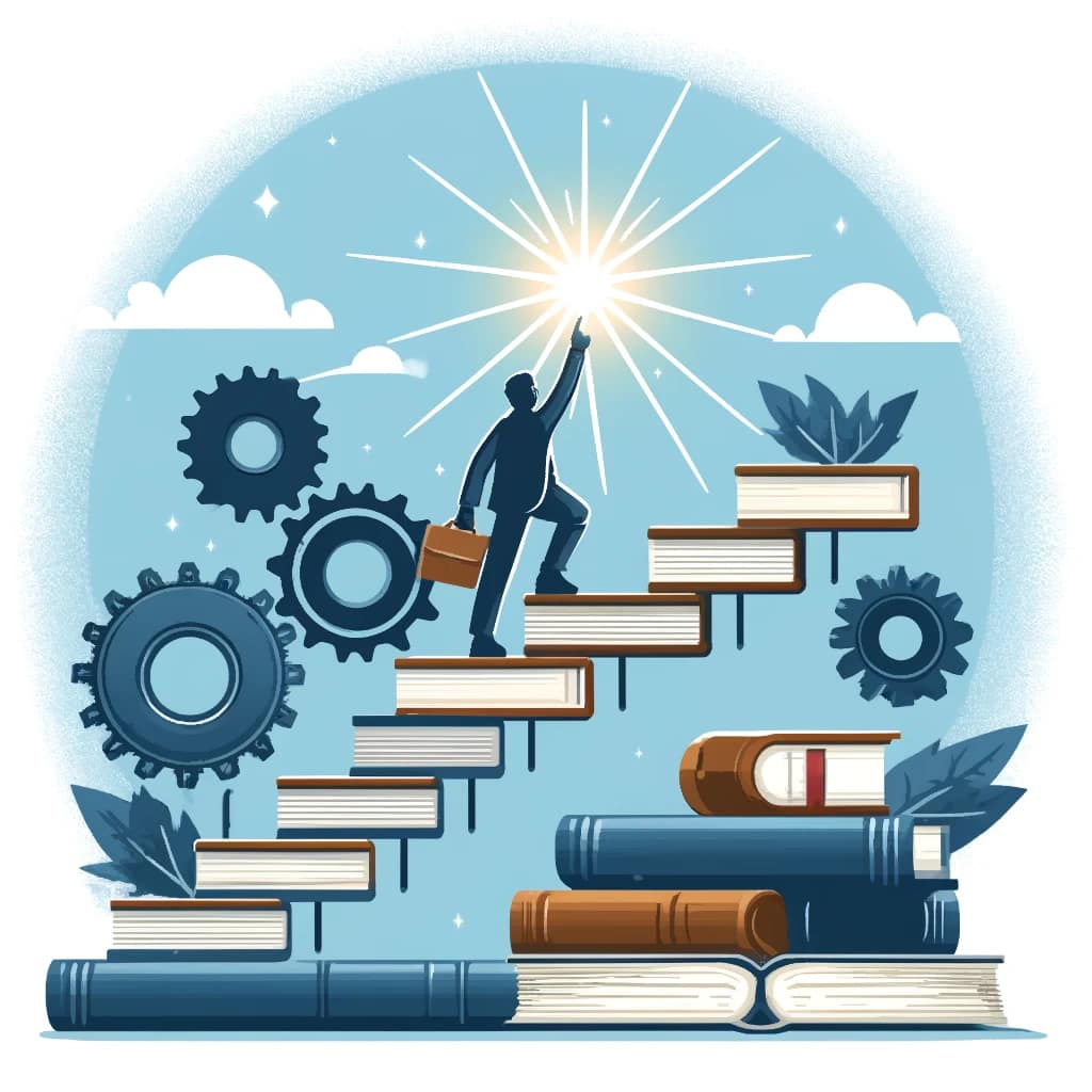 DALL·E-2024-06-10-20.26.28-An-illustration-representing-the-importance-of-self-improvement-and-career-development.-It-features-a-person-climbing-a-staircase-made-of-books-and-ge